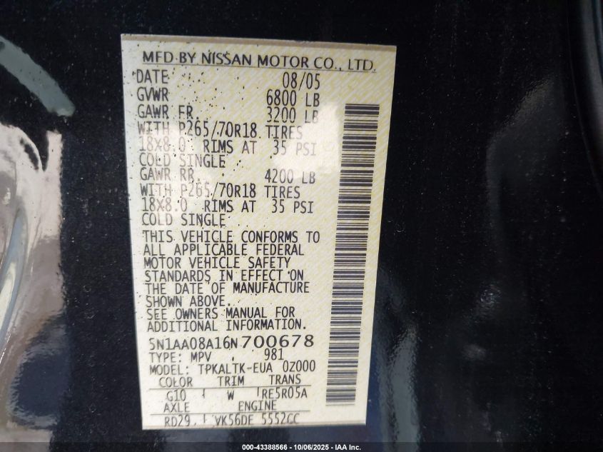 2006 Nissan Armada Se VIN: 5N1AA08A16N700678 Lot: 43388566