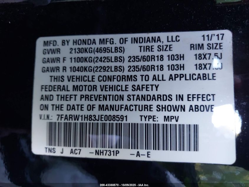 2018 Honda Cr-V Ex-L/Ex-L Navi VIN: 7FARW1H83JE008591 Lot: 43388570