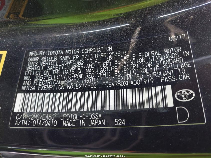 2017 Toyota Mirai VIN: JTDBVRBDXHA001919 Lot: 43388577