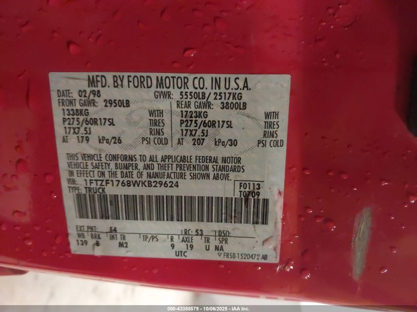 1998 Ford F-150 Lariat/Standard/Xl/Xlt VIN: 1FTZF1768WKB29624 Lot: 43388579