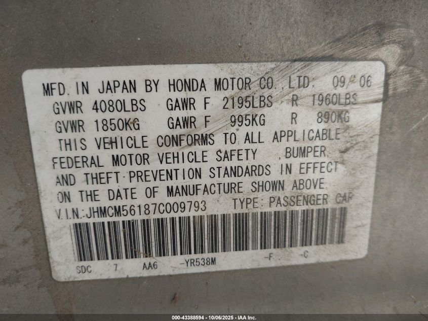 2007 Honda Accord 2.4 Vp VIN: JHMCM56187C009793 Lot: 43388594