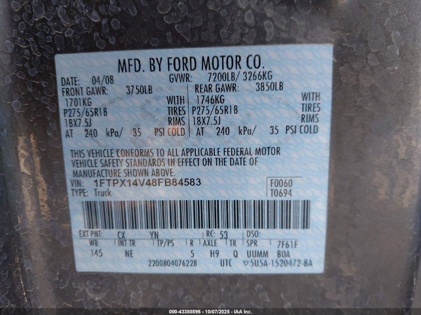 2008 Ford F-150 Fx4/Lariat/Xl/Xlt VIN: 1FTPX14V48FB84583 Lot: 43388596