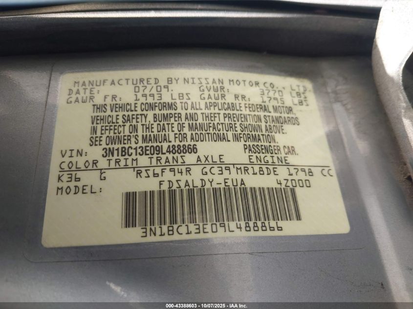 2009 Nissan Versa 1.8S VIN: 3N1BC13E09L488866 Lot: 43388603