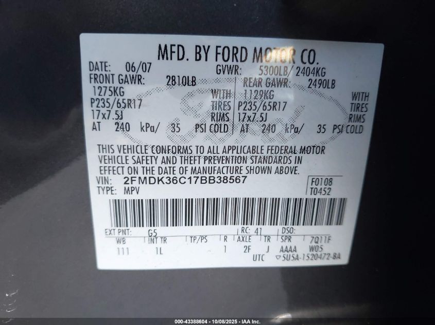 2007 Ford Edge Se VIN: 2FMDK36C17BB38567 Lot: 43388604