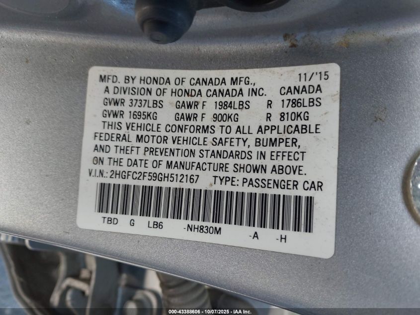 2016 Honda Civic Lx VIN: 2HGFC2F59GH512167 Lot: 43388606