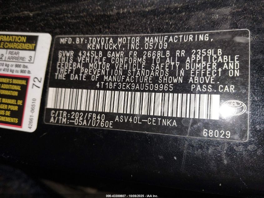 2010 Toyota Camry Le VIN: 4T1BF3EK9AU509965 Lot: 43388607