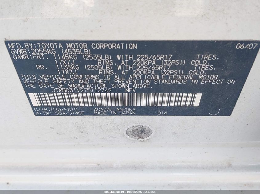 2007 Toyota Rav4 Limited VIN: JTMBD31V275112742 Lot: 43388619