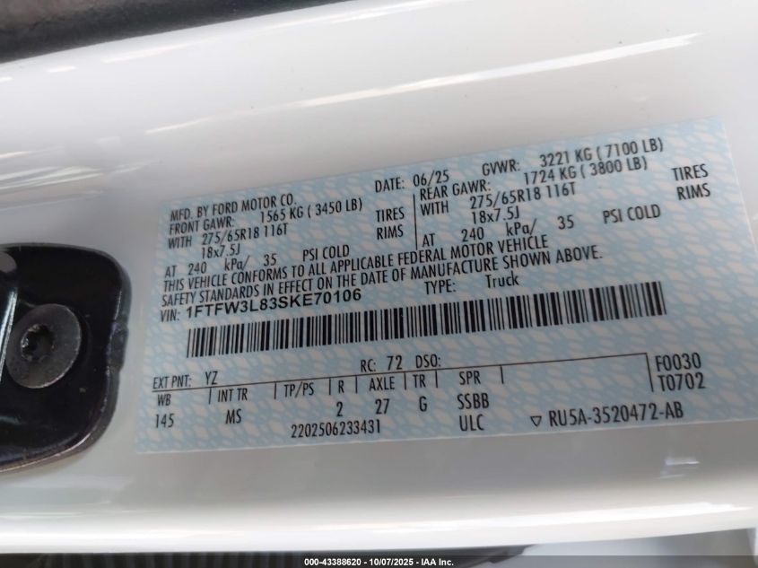 2025 Ford F-150 Xlt VIN: 1FTFW3L83SKE70106 Lot: 43388620