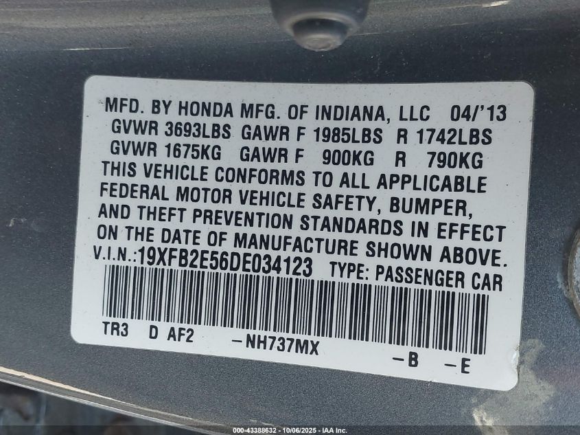 2013 Honda Civic Lx VIN: 19XFB2E56DE034123 Lot: 43388632