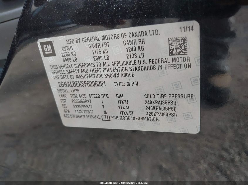 2015 Chevrolet Equinox 1Lt VIN: 2GNALBEK3F6206261 Lot: 43388638