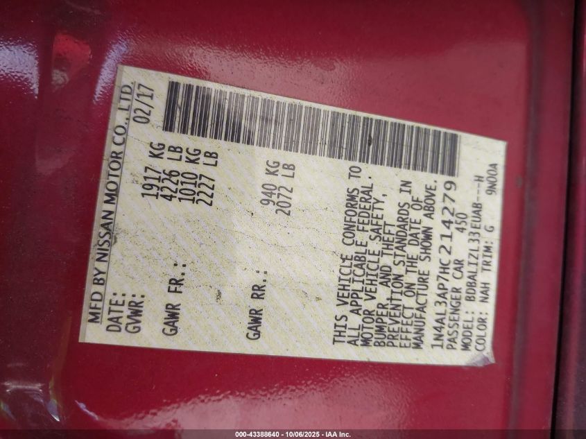2017 Nissan Altima 2.5 Sv VIN: 1N4AL3AP7HC214279 Lot: 43388640