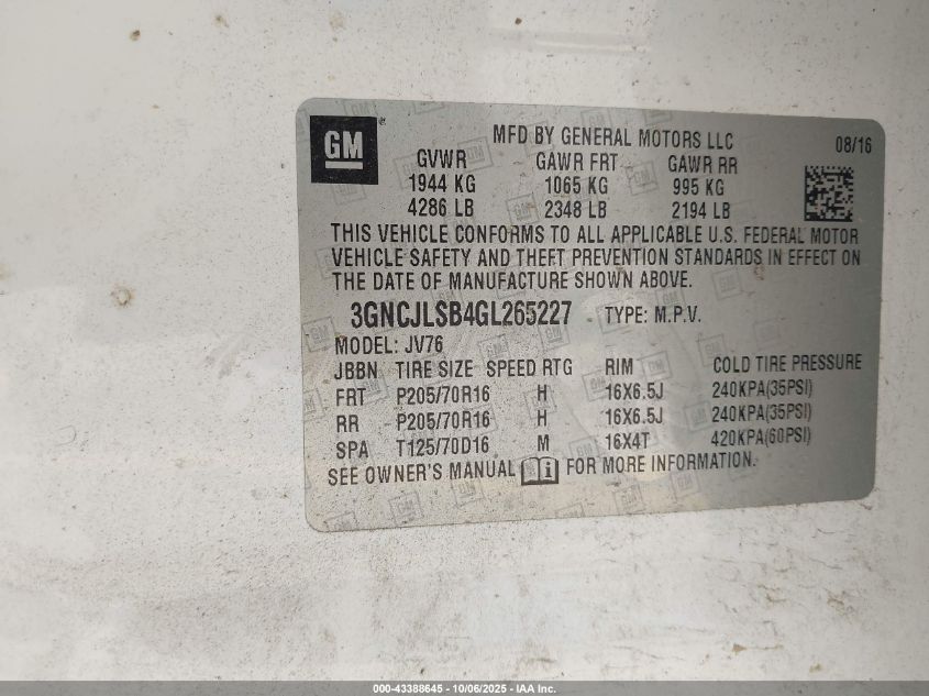 2016 Chevrolet Trax Lt VIN: 3GNCJLSB4GL265227 Lot: 43388645