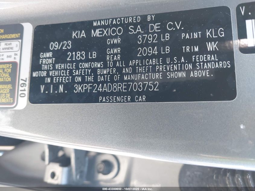 2024 Kia Forte Lxs VIN: 3KPF24AD8RE703752 Lot: 43388650