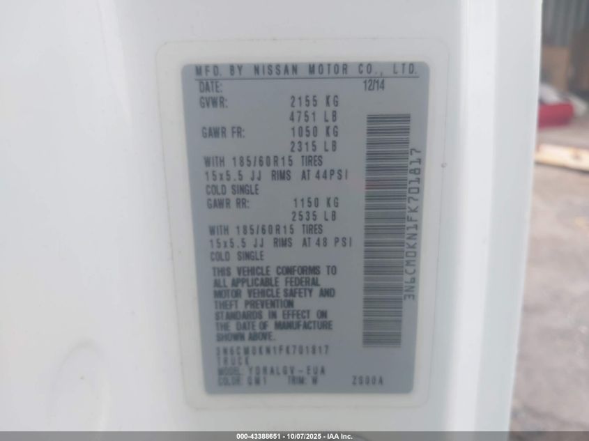 2015 Nissan Nv200 Sv VIN: 3N6CM0KN1FK701817 Lot: 43388651