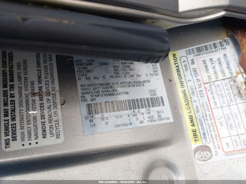 2008 Ford Expedition Xlt VIN: 1FMFU16588LA27766 Lot: 43388654