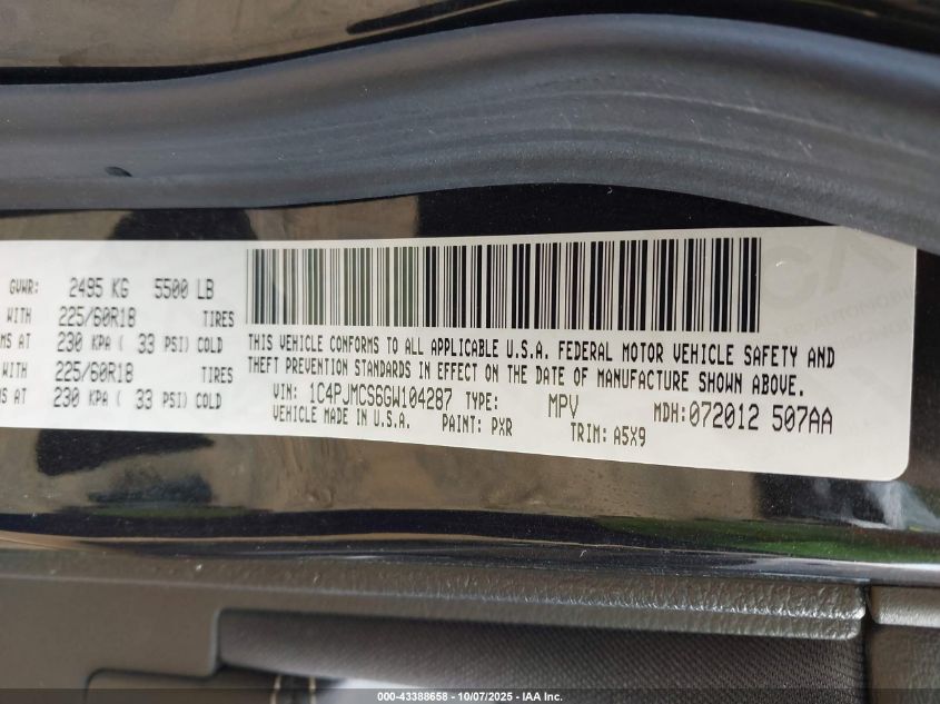 2016 Jeep Cherokee Altitude VIN: 1C4PJMCS6GW104287 Lot: 43388658