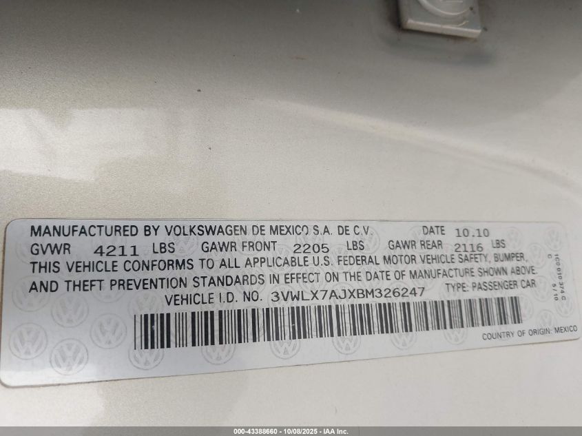2011 Volkswagen Jetta 2.5L Sel VIN: 3VWLX7AJXBM326247 Lot: 43388660