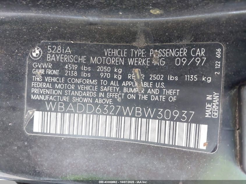 1998 BMW 528I VIN: WBADD6327WBW30937 Lot: 43388663