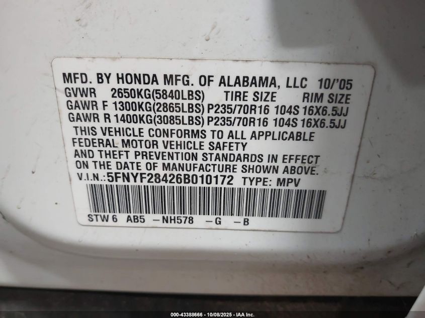 2006 Honda Pilot Ex VIN: 5FNYF28426B010172 Lot: 43388666