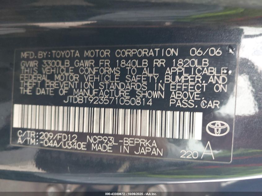 2007 Toyota Yaris VIN: JTDBT923571050814 Lot: 43388672