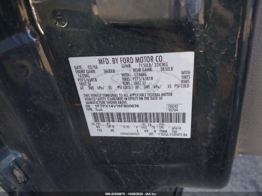 2006 Ford F-150 Fx4/Lariat/Xl/Xlt VIN: 1FTPX14V16FB00636 Lot: 43388679