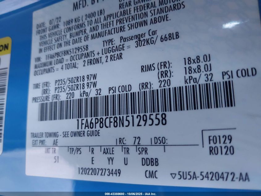 2022 Ford Mustang Gt Premium Fastback VIN: 1FA6P8CF8N5129558 Lot: 43388680