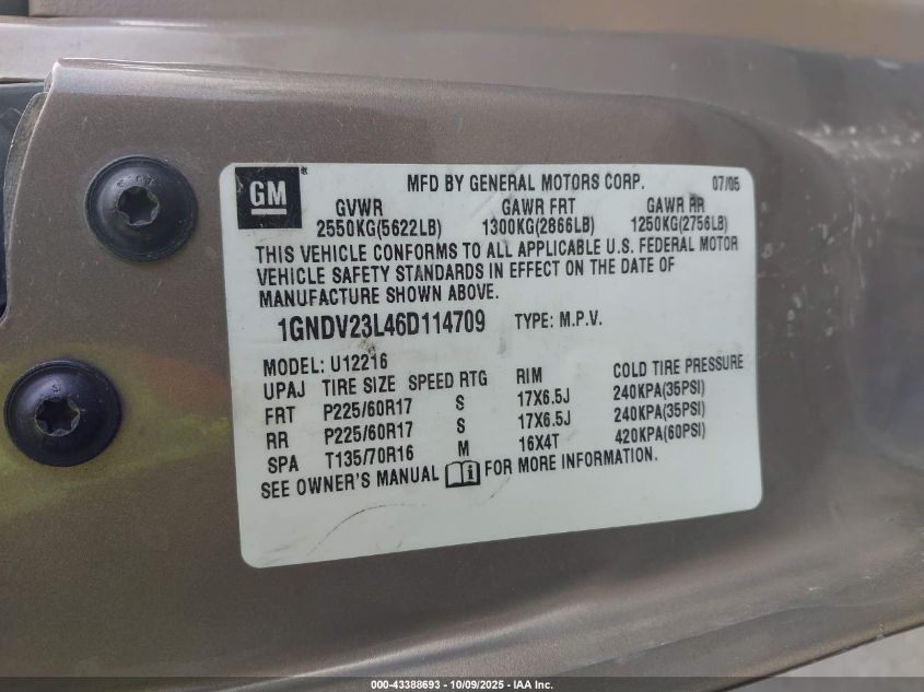 2006 Chevrolet Uplander Ls VIN: 1GNDV23L46D114709 Lot: 43388693