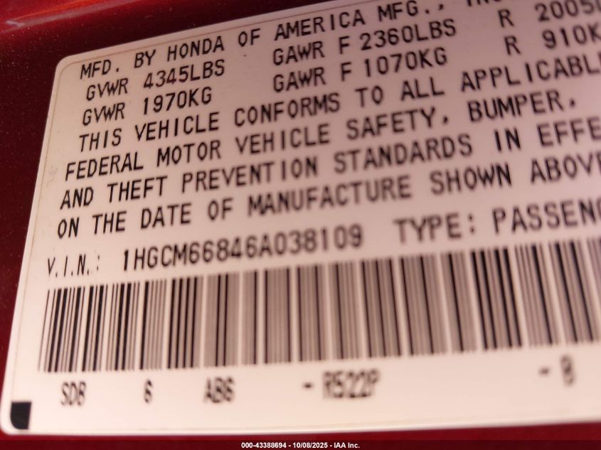 2006 Honda Accord 3.0 Ex VIN: 1HGCM66846A038109 Lot: 43388694