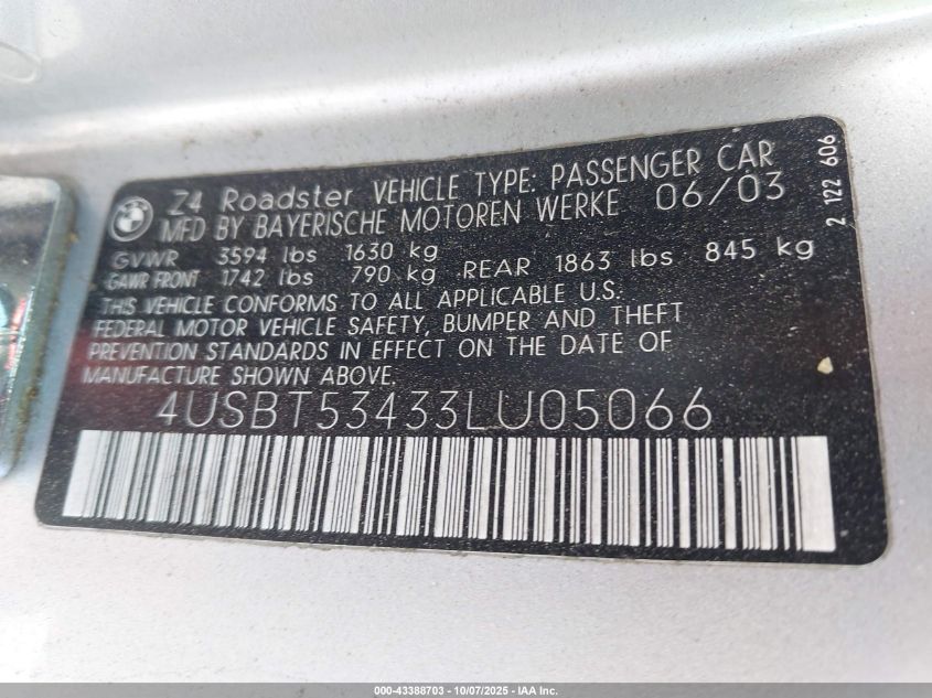 2003 BMW Z4 3.0I VIN: 4USBT53433LU05066 Lot: 43388703