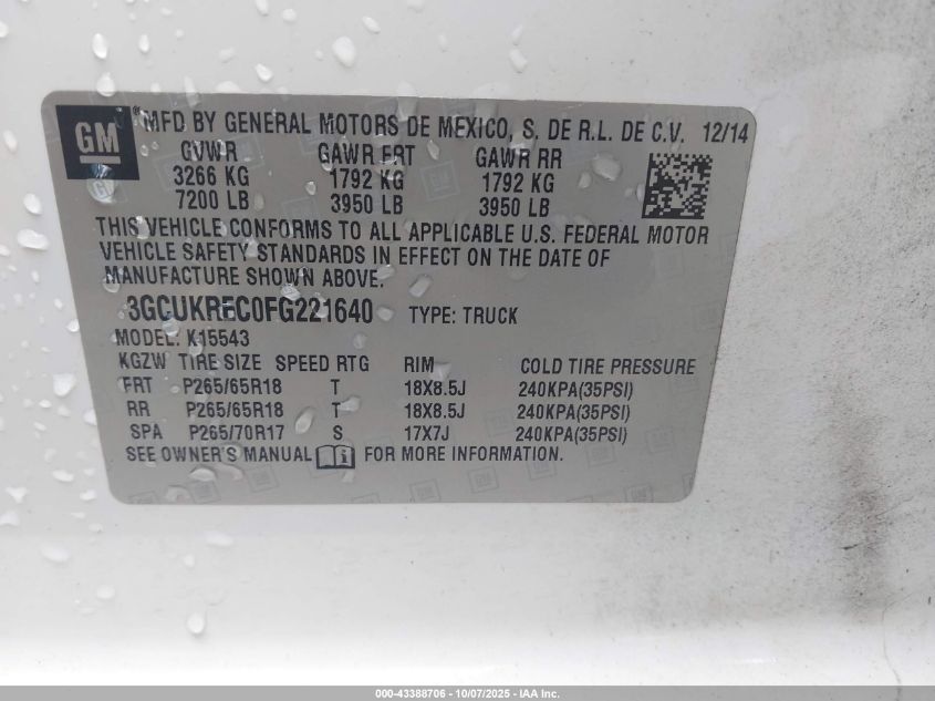 2015 Chevrolet Silverado 1500 2Lt VIN: 3GCUKREC0FG221640 Lot: 43388706