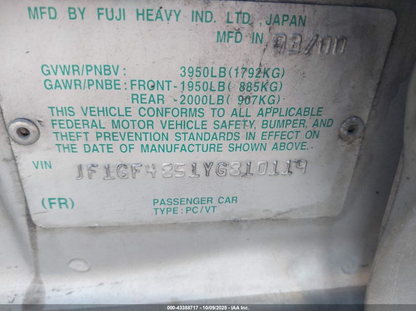 2000 Subaru Outback VIN: JF1GF4851YG810119 Lot: 43388717