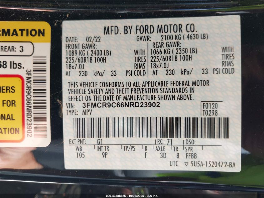 2022 Ford Bronco Sport Outer Banks VIN: 3FMCR9C66NRD23902 Lot: 43388725