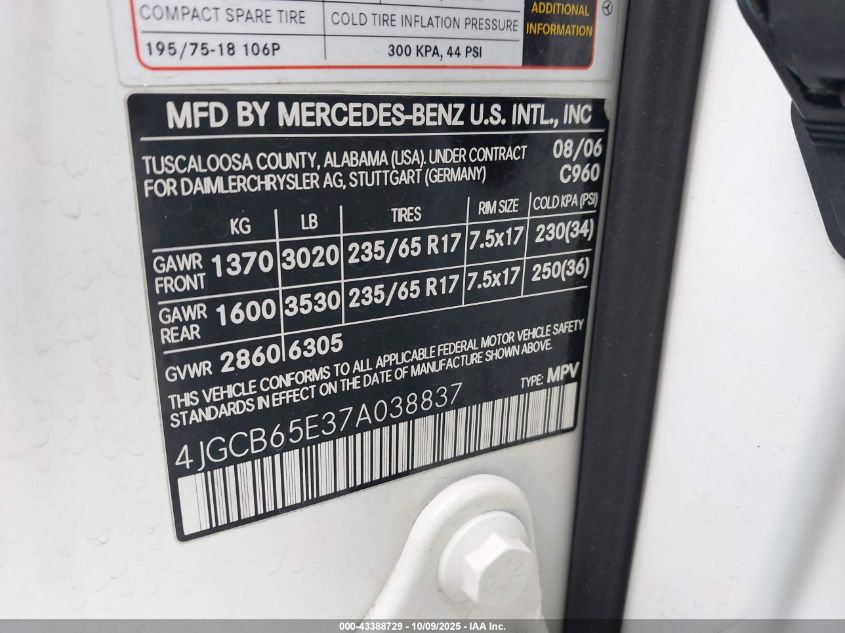 2007 Mercedes-Benz R 350 4Matic VIN: 4JGCB65E37A038837 Lot: 43388729