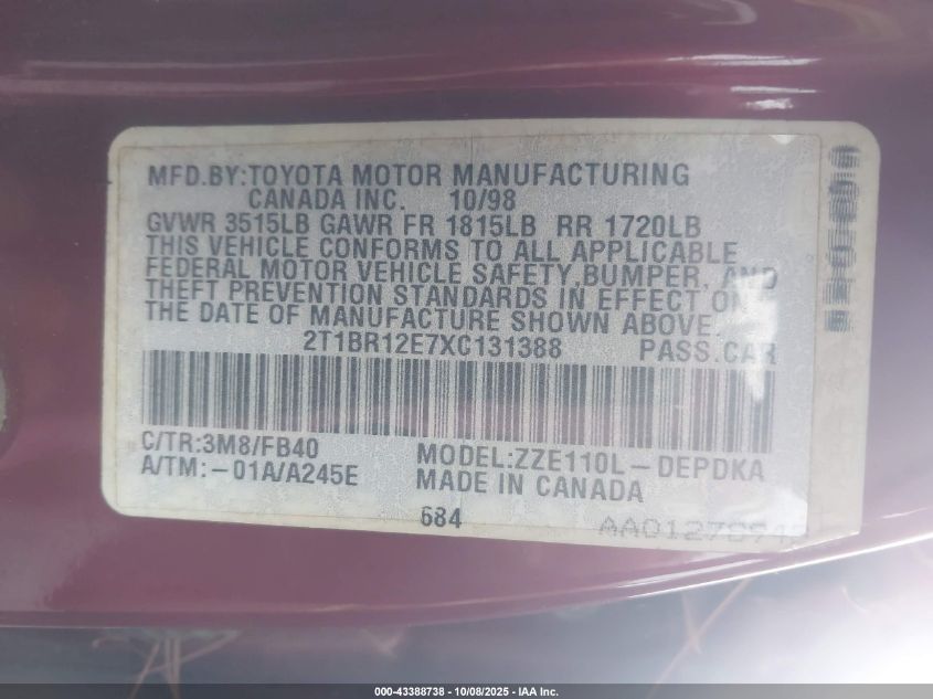 1999 Toyota Corolla Ce VIN: 2T1BR12E7XC131388 Lot: 43388738