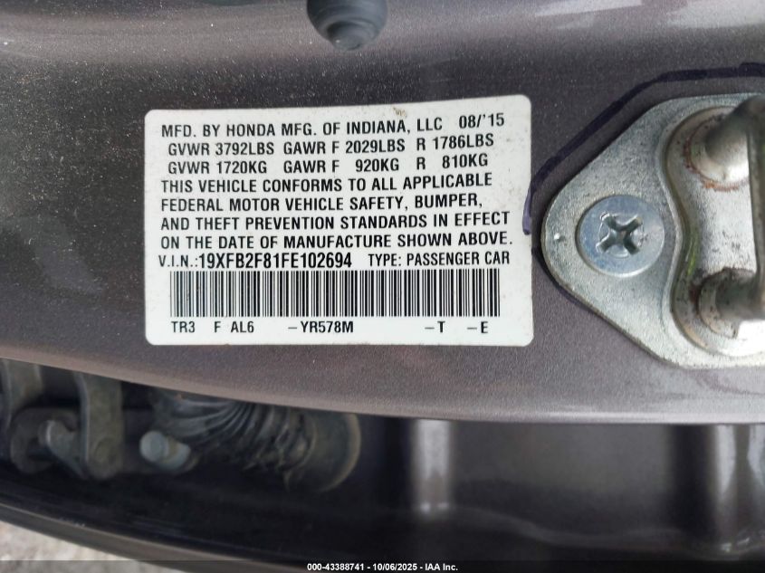 2015 Honda Civic Ex VIN: 19XFB2F81FE102694 Lot: 43388741