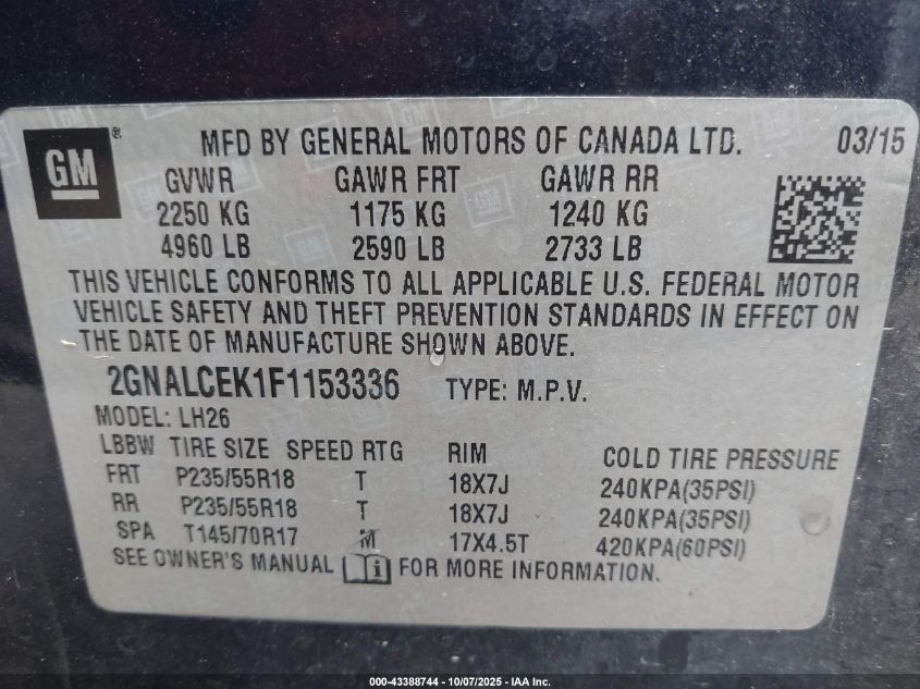 2015 Chevrolet Equinox 2Lt VIN: 2GNALCEK1F1153336 Lot: 43388744