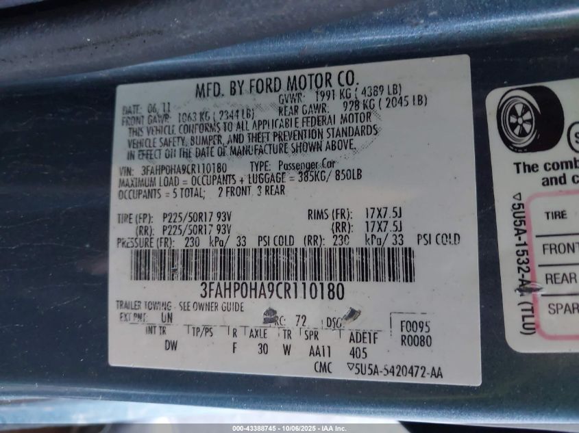 2012 Ford Fusion Se VIN: 3FAHP0HA9CR110180 Lot: 43388745