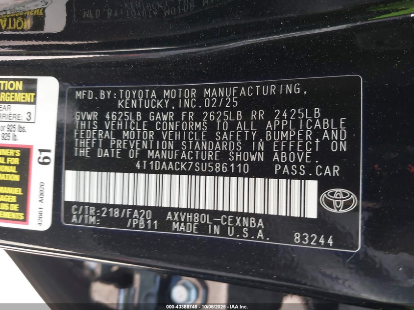 2025 Toyota Camry Le VIN: 4T1DAACK7SU586110 Lot: 43388748