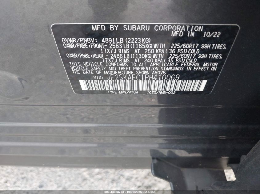 2023 Subaru Forester Premium VIN: JF2SKAEC1PH410069 Lot: 43388753
