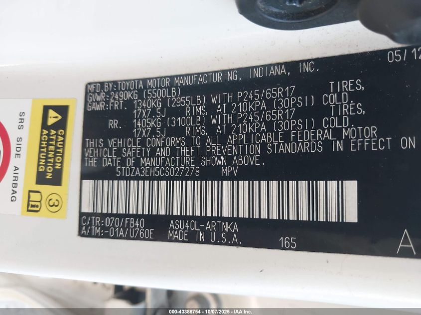 2012 Toyota Highlander VIN: 5TDZA3EH5CS027278 Lot: 43388754