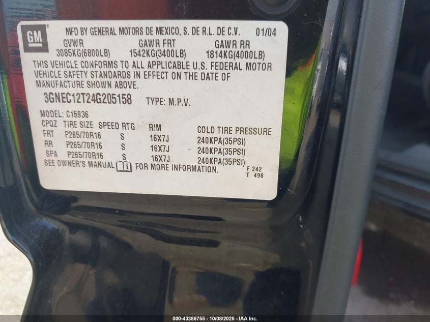2004 Chevrolet Avalanche 1500 VIN: 3GNEC12T24G205158 Lot: 43388755