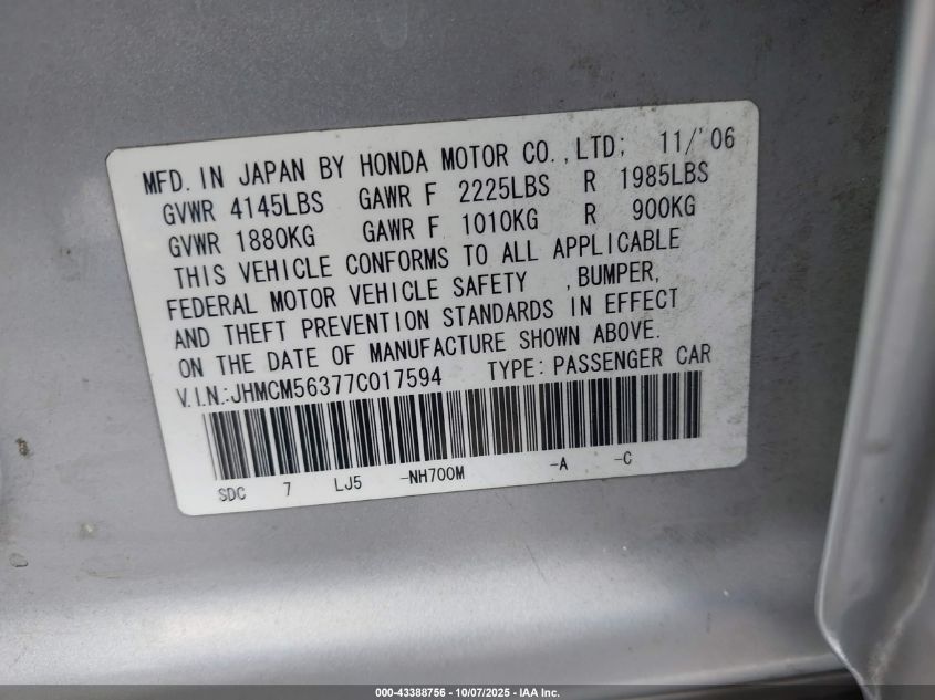 2007 Honda Accord 2.4 Se VIN: JHMCM56377C017594 Lot: 43388756