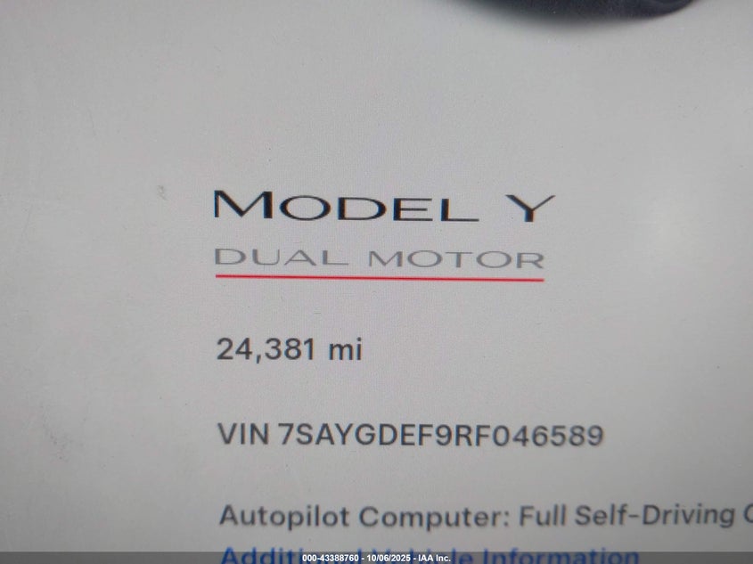 2024 Tesla Model Y Performance Dual Motor All-Wheel Drive VIN: 7SAYGDEF9RF046589 Lot: 43388760