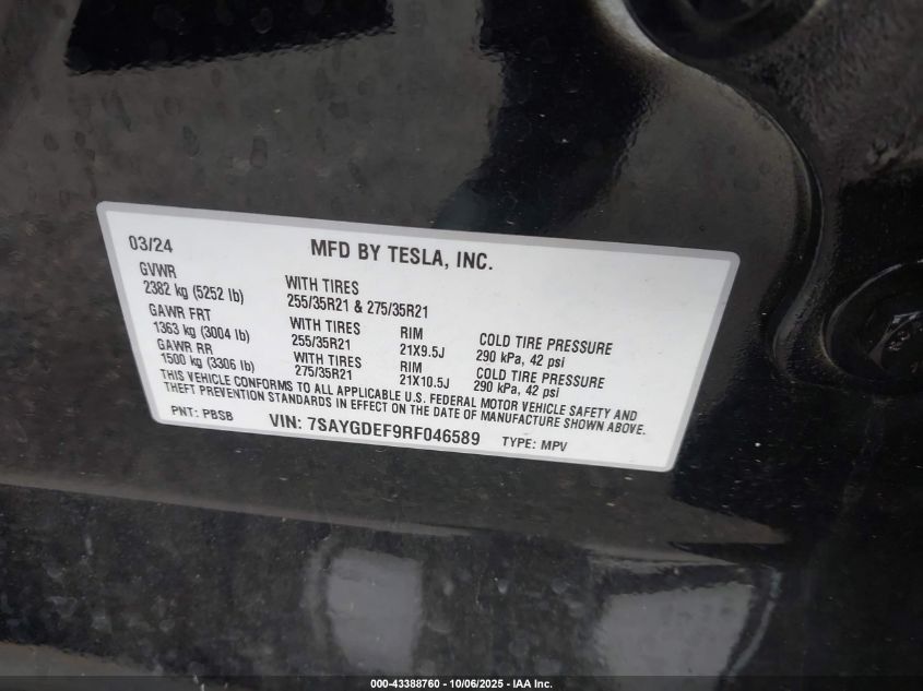 2024 Tesla Model Y Performance Dual Motor All-Wheel Drive VIN: 7SAYGDEF9RF046589 Lot: 43388760