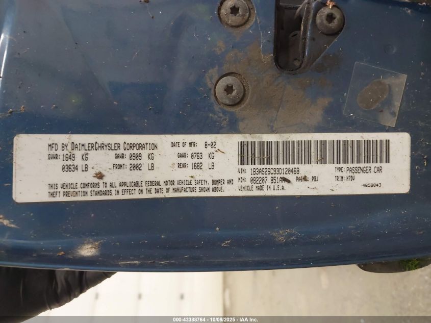 2003 Dodge Neon Se VIN: 1B3AS26C93D120468 Lot: 43388764