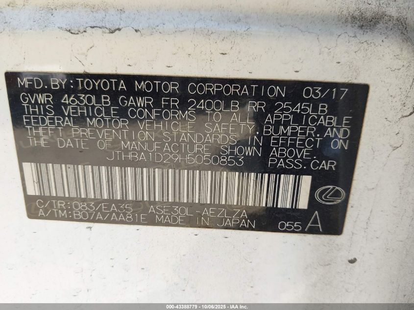 2017 Lexus Is 200T VIN: JTHBA1D29H5050853 Lot: 43388779