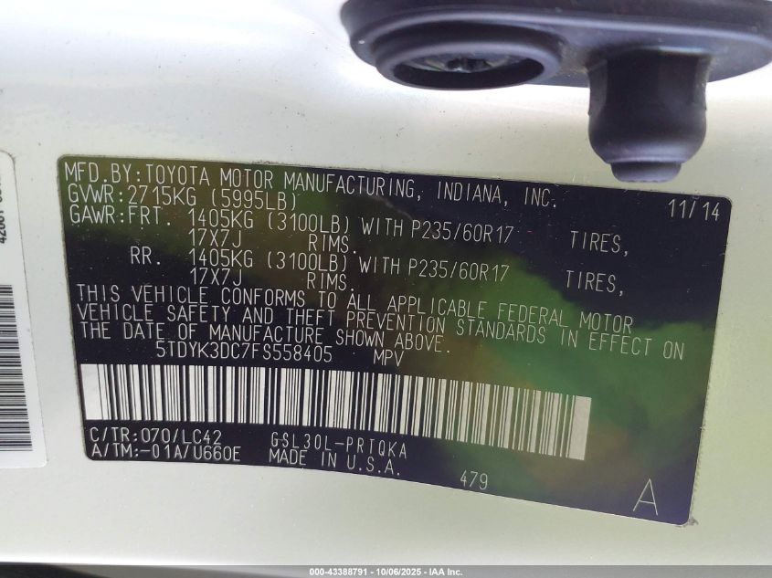 2015 Toyota Sienna Xle Premium 8 Passenger VIN: 5TDYK3DC7FS558405 Lot: 43388791