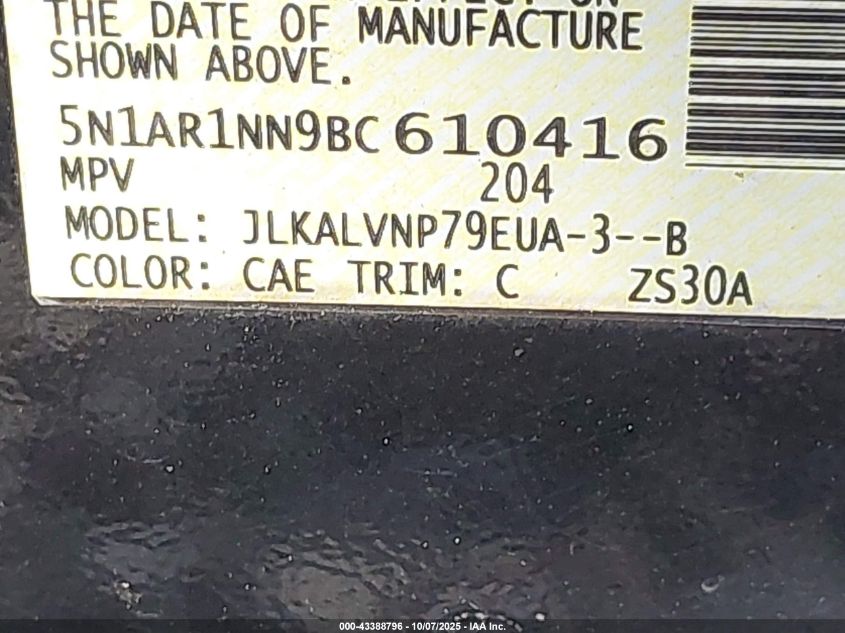 2011 Nissan Pathfinder Le VIN: 5N1AR1NN9BC610416 Lot: 43388796
