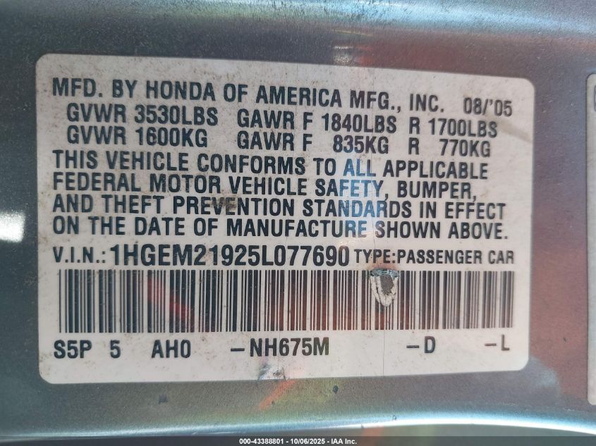 2005 Honda Civic Ex VIN: 1HGEM21925L077690 Lot: 43388801