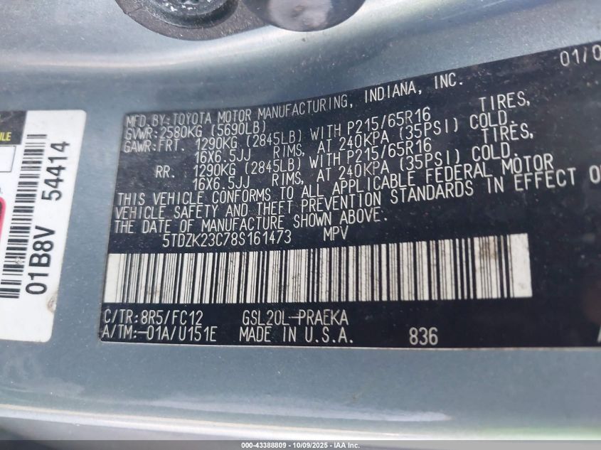 2008 Toyota Sienna Le VIN: 5TDZK23C78S161473 Lot: 43388809